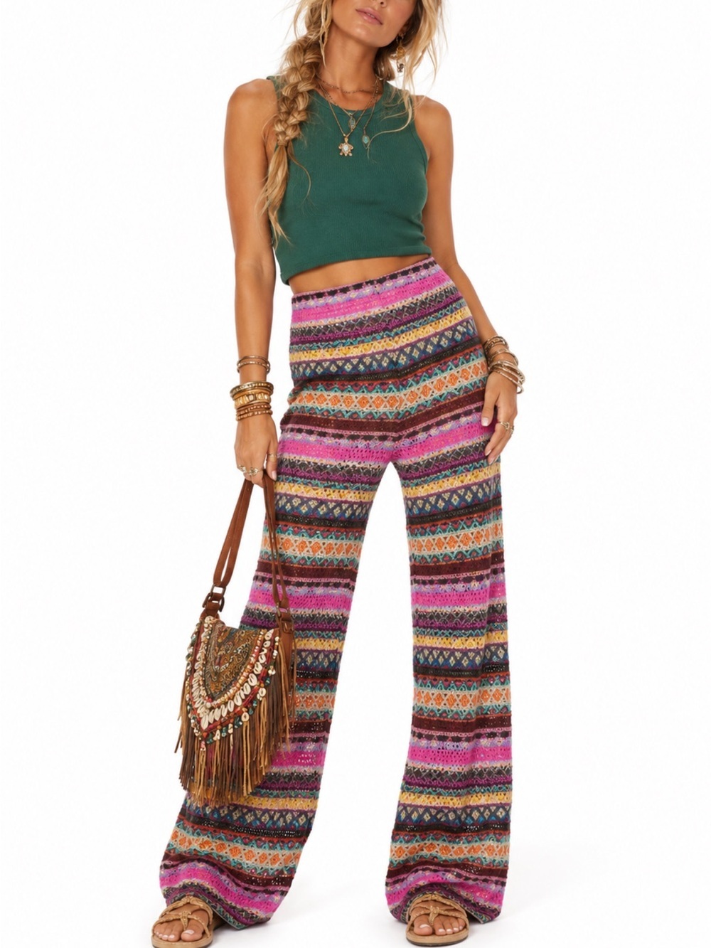 IVY JANE HIPPIE CROCHET BOHO MULTI COLOR WIDE LEG PANTS SZ LG